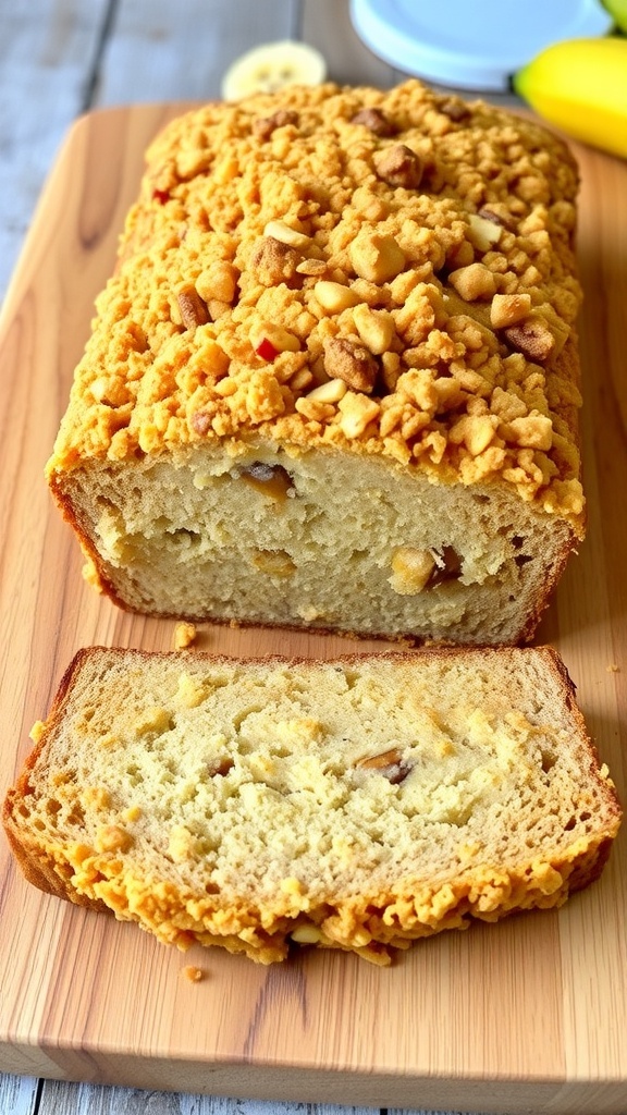 Sliced banana bread with crumble topping on a wooden board, showcasing its moist texture and golden crust.